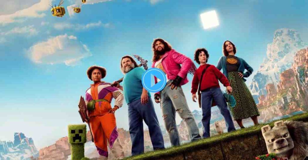 Five main cast members, including Jack Black in a pink jacket, are centered in the promotional image for A Minecraft Movie, which blends live-action with Minecraft's blocky aesthetic against a lush, mountainous backdrop.
