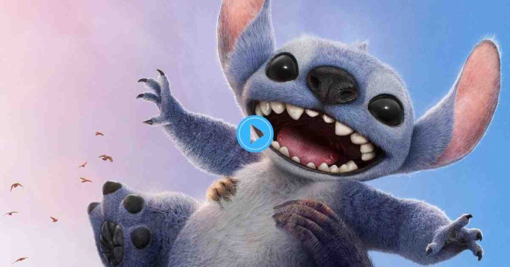 A photorealistic render of the blue alien Stitch from Disney's Lilo & Stitch, looking excited with large black eyes and sharp teeth, with a flock of small birds flying in the background.