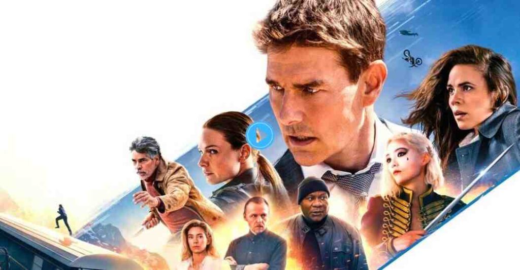 The movie poster for Mission: Impossible – Dead Reckoning Part One featuring Tom Cruise as Ethan Hunt and the full main cast.