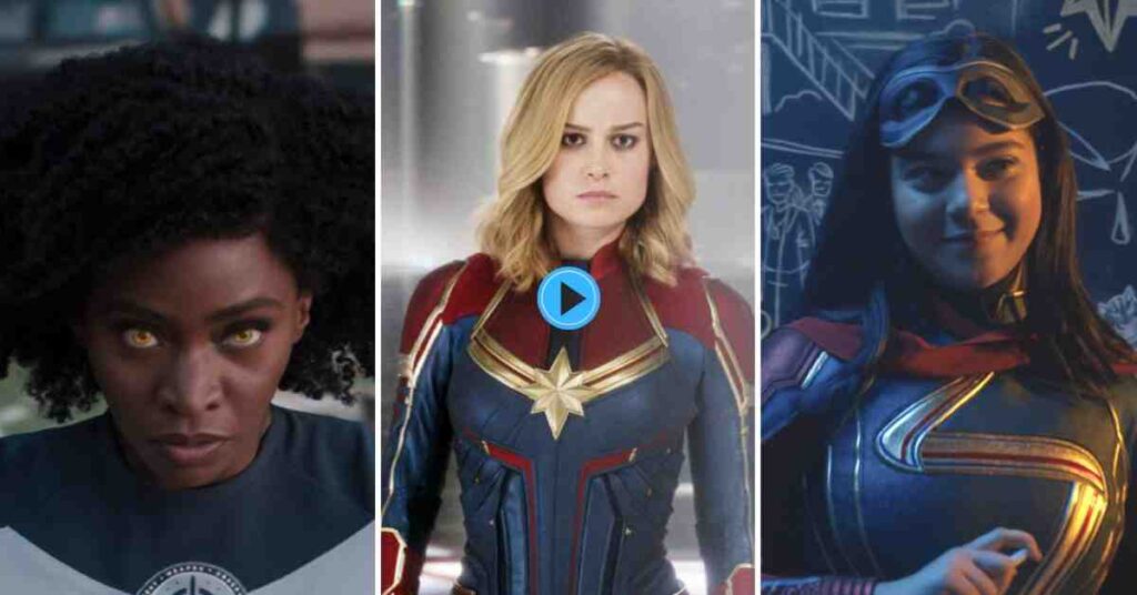 A vertical triptych image featuring the three main characters of The Marvels: Monica Rambeau with glowing eyes, Captain Marvel (Brie Larson), and Ms. Marvel (Iman Vellani).