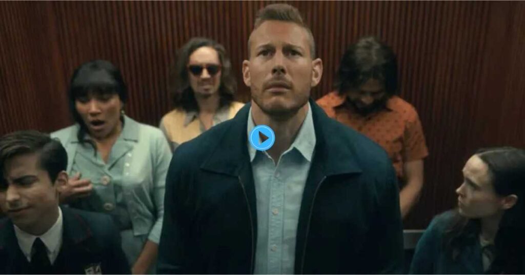 The main cast of The Umbrella Academy (including Luther, Allison, Klaus, and Five) looking stressed while squeezed into an elevator.