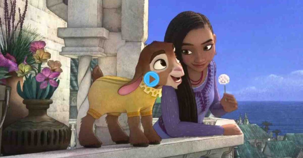 An animated still from Disney's Wish showing the main character, Asha, leaning on a balcony with a smiling, anthropomorphic goat named Valentino, holding a dandelion.