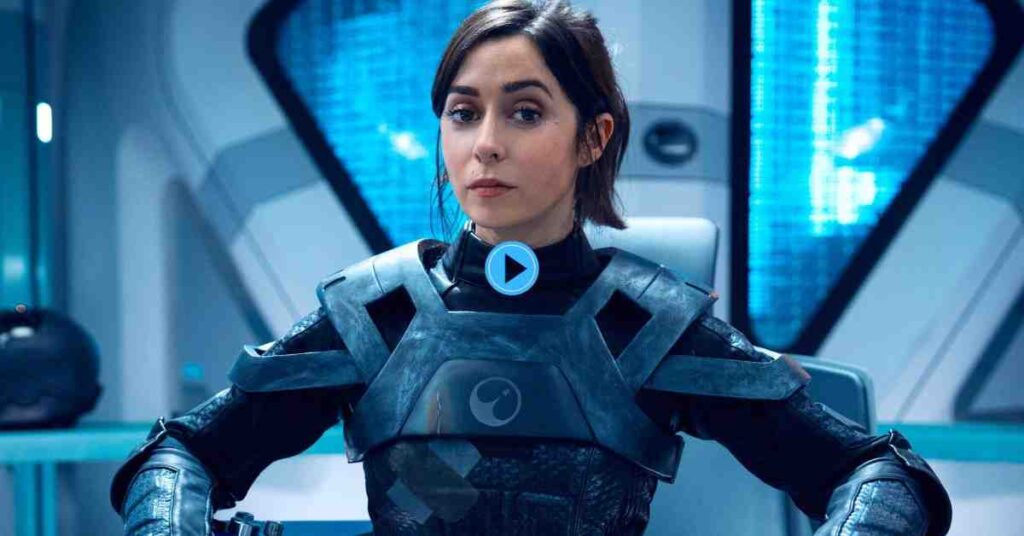 The main female character in a dark armored uniform from the Black Mirror episode "USS Callister."