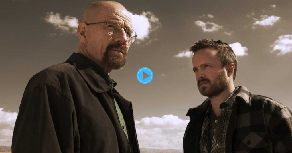 Walter White and Jesse Pinkman standing together in the New Mexico desert in a publicity photo for Breaking Bad.