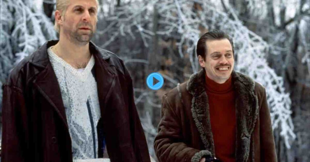 Carl Showalter, smiling in a fur-collared coat, standing next to Gaear Grimsrud in a leather jacket in a snowy scene from Fargo.