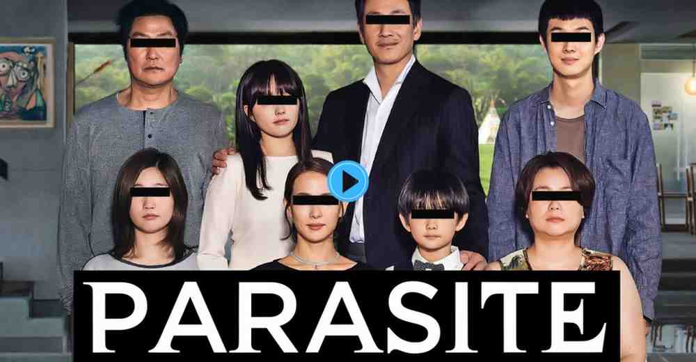 Promotional poster for the film Parasite, showing the full Kim and Park families standing in a luxurious modern home, with black bars over their eyes and the title 'PARASITE' at the bottom.