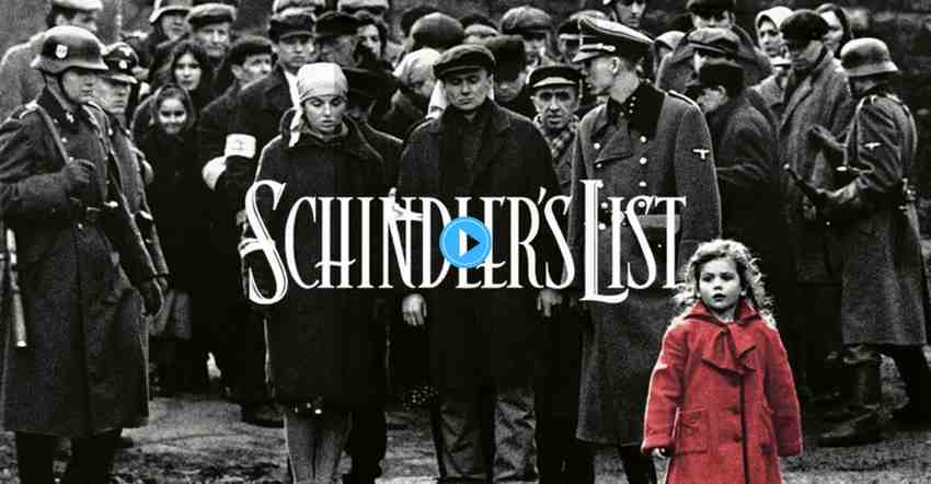 A black-and-white scene from Schindler's List showing a crowd of Jewish people being overseen by Nazi soldiers, with the only color being the bright red coat of a small, frightened girl in the foreground.