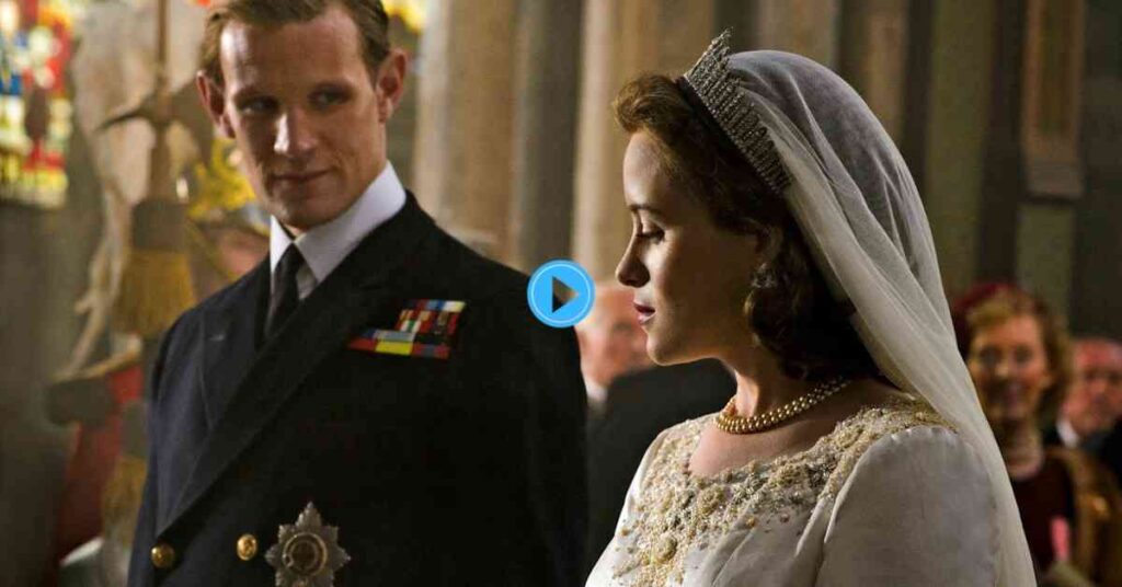 Queen Elizabeth II and Prince Philip actors at their wedding ceremony in the TV series The Crown.