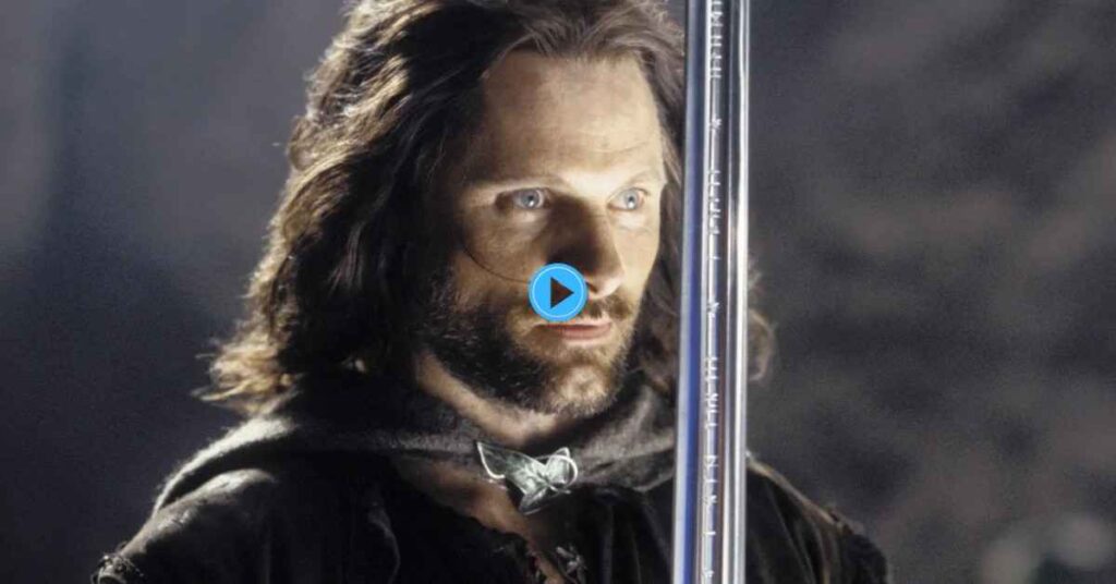 It mentions him holding the reforged sword, Andúril, which is a key visual element and plot point.