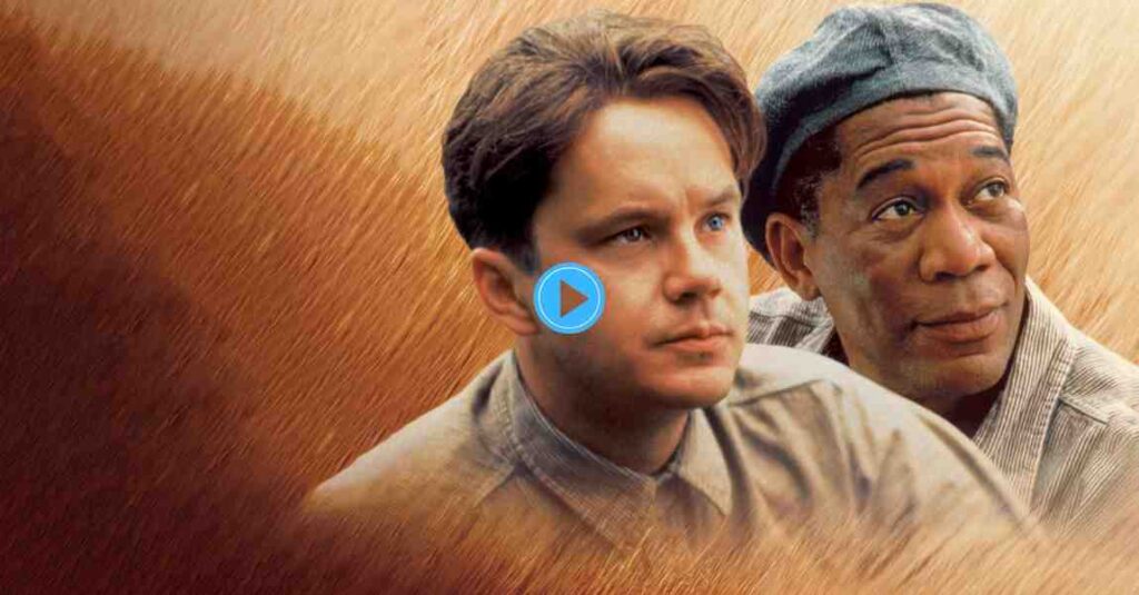 A close-up of Tim Robbins (Andy Dufresne) and Morgan Freeman (Ellis "Red" Redding), the two lead actors from The Shawshank Redemption, looking off to the right side of the frame against a warm, textured background.