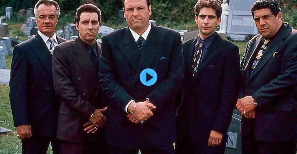 The main male cast of The Sopranos, from left to right: Paulie Gualtieri, Silvio Dante, Tony Soprano, Christopher Moltisanti, and Salvatore "Big Pussy" Bonpensiero, standing in a graveyard.